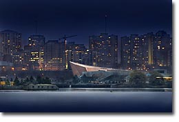 The Canadian War Museum at night, with downtown Ottawa in the background
© Canadian War Museum, photo Harry Foster, CWM2013-0073-0001-Dm
