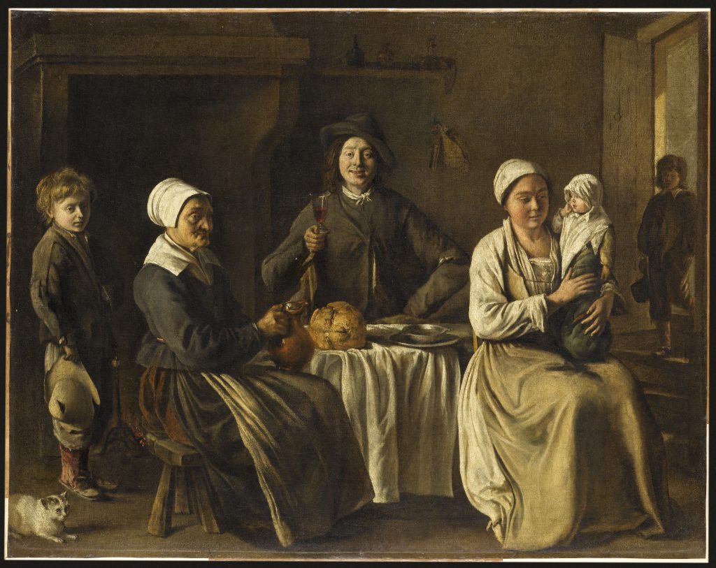 Painting of a family sitting around a table with bread and wine in 18th century New France.
