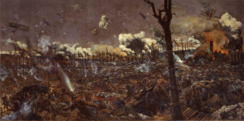 Painting of battle scene in Courcelette France (1916)