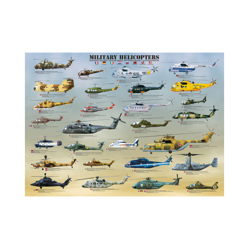 Military Helicopters Puzzle 1000 pieces showcasing 25 helicopters