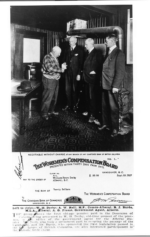 W.H. Derby recoit le premier chèque de pension de la vieillesse pour 20 $ - Dominion du Canada Septembre 1927 - ANC, détail de PA203149