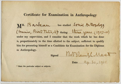  Certificate for Examination in Anthropology ; Certificat sign par Robert Ranulph Marett attestant que Marius Barbeau a pass avec succs son cours de  Social Anthropology   Oxford., © MCC/CMC