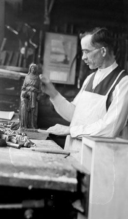 Wood carver Henri Angers in his workshop, Quebec City, Qubec, 1935., © CMC/MCC, 2004-1363