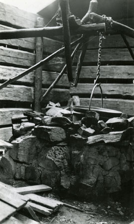 Kettles and supports for heating maple sap over the fire, 1936., © CMC/MCC, Marius Barbeau, 80937