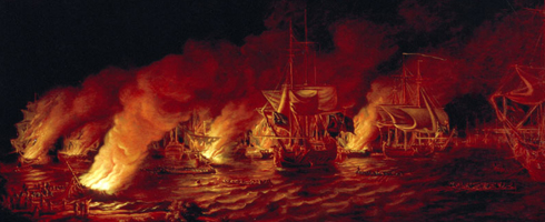 A painting of ships burning in the water exhibited in Ottawa's Canadian War Museum.