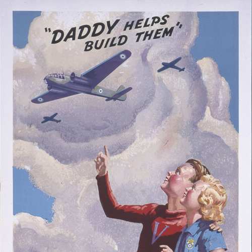 A poster of a boy and a girl looking up at a plane