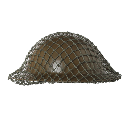 A military helmet with a mesh net on it, on display at the Canadian War Museum in Ottawa.