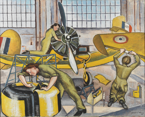 A painting of people working on a plane at the Canadian War Museum in Ottawa.