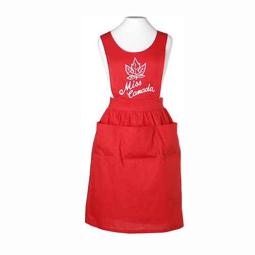 A red apron with the word Canada on it, available at the Canadian War Museum in Ottawa.