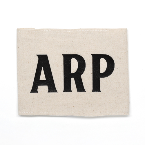 A bag with the word arp on it, available in Ottawa at the Canadian War Museum.