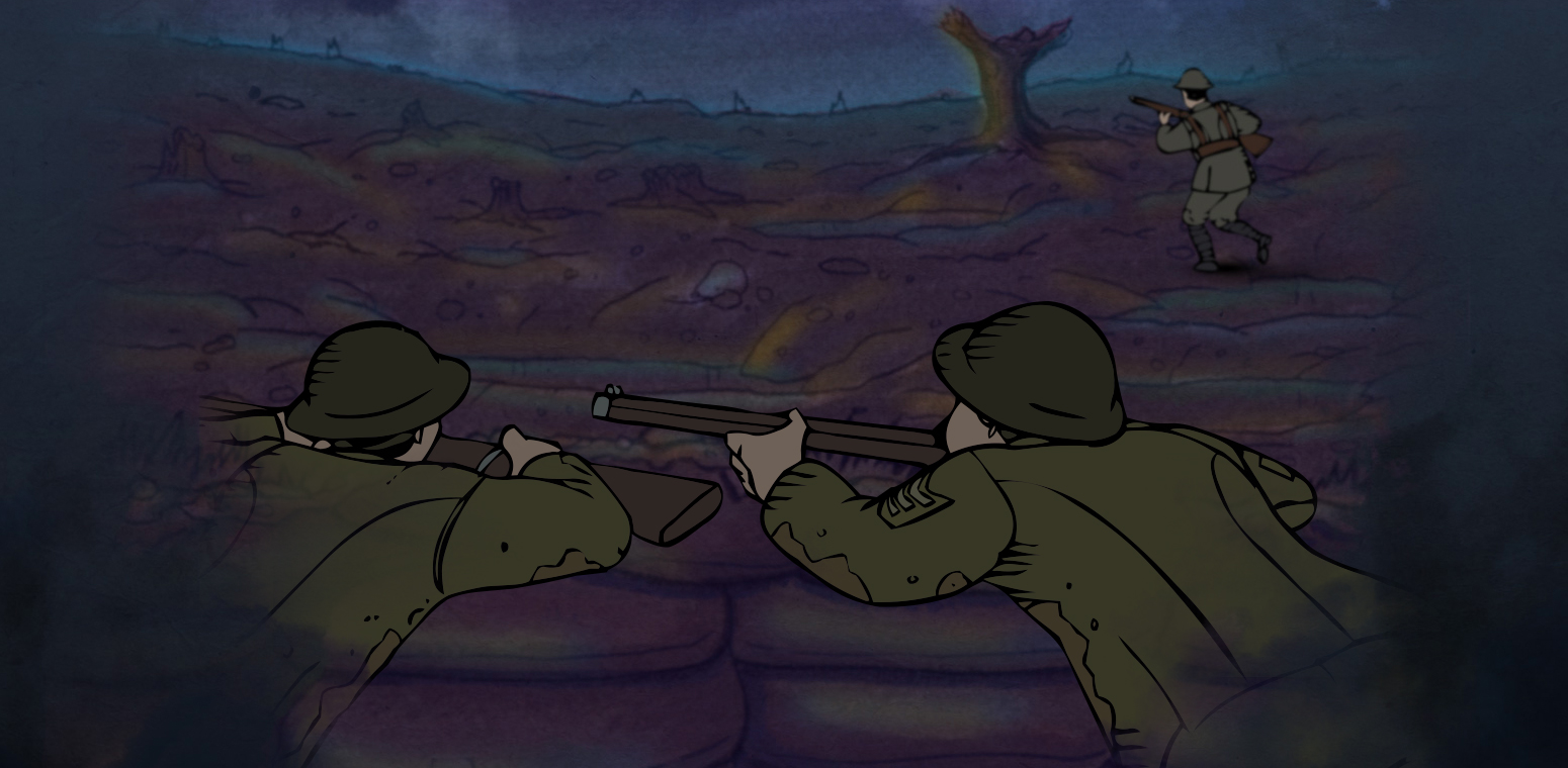 A cartoon of two soldiers shooting at each other, displayed at the Canadian War Museum in Ottawa.