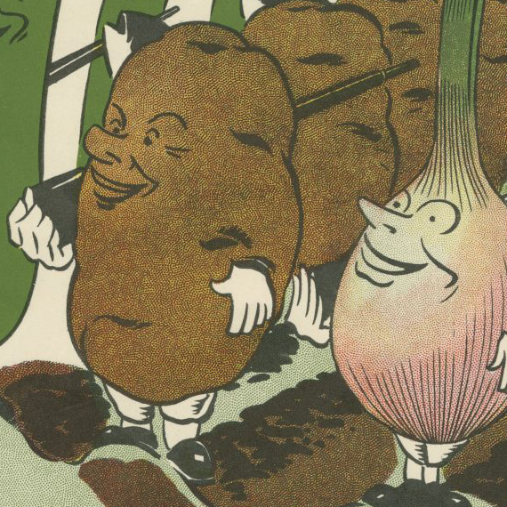 A cartoon illustration of a potato and an onion.