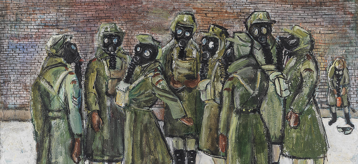 A painting of a group of soldiers in gas masks.