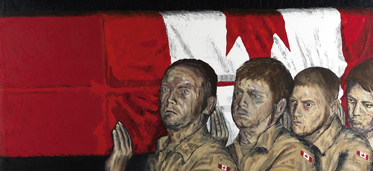 A painting of of soldiers holding a casket wrapped with a Canadian flag.