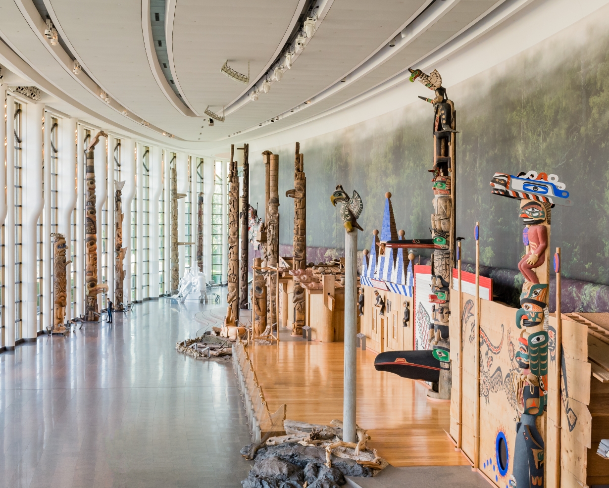 Totem poles are on display in the Canadian Museum of History.