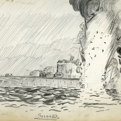 A drawing of a ship with a blast coming from the water