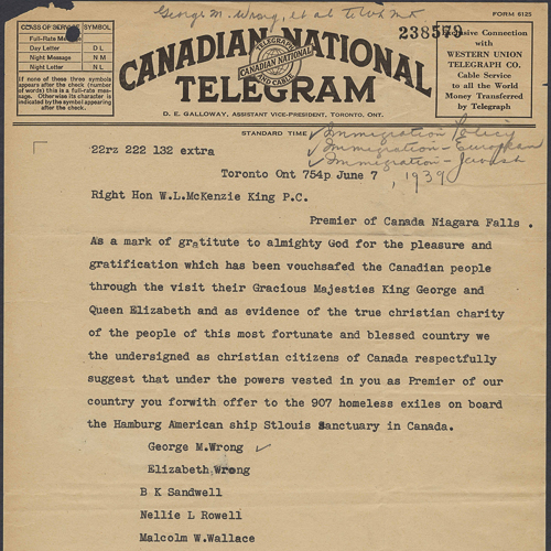 A telegram sent to Prime Minister King.