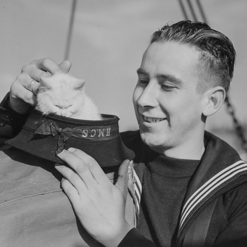 A sailor holding a cat in his hat at the Canadian War Museum in Ottawa.