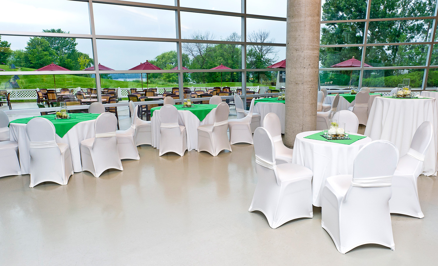 A large room with tables and chairs set up at the Canadian War Museum in Ottawa.