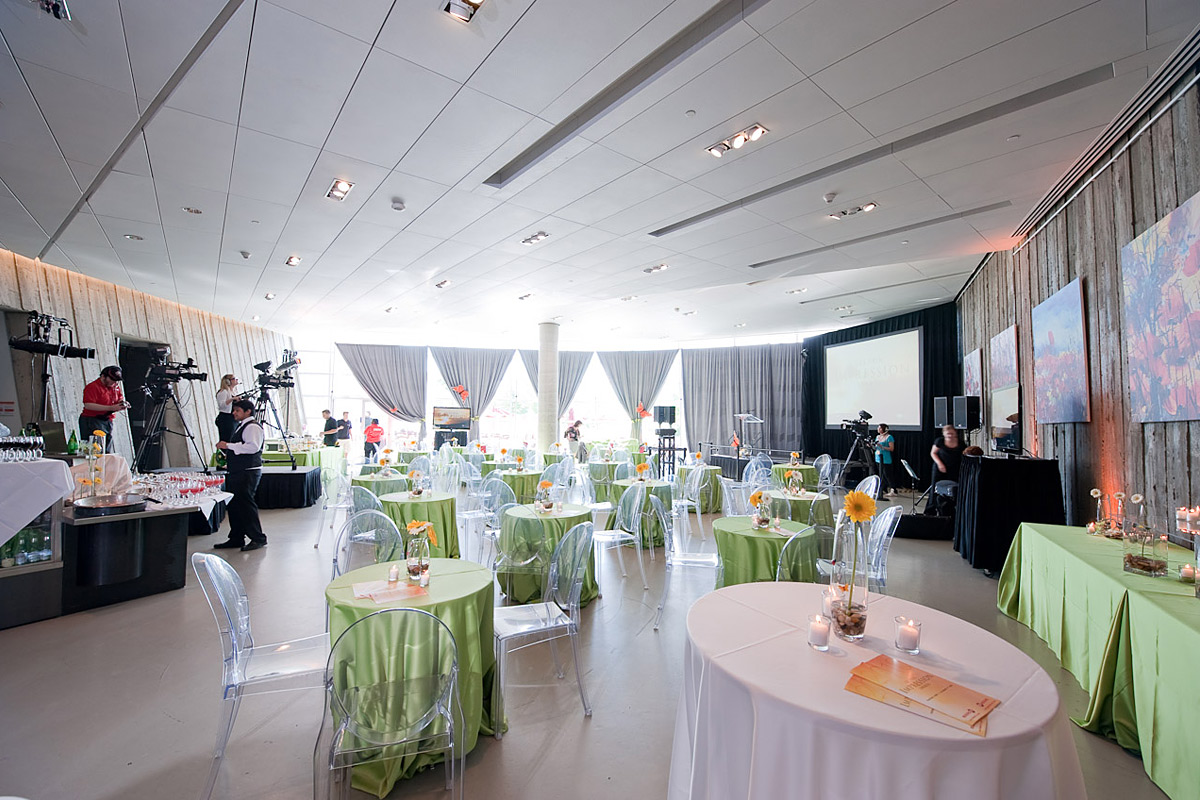 The Café at the Canadian War Museum in Ottawa, Canada with tables and chairs set up for a party.