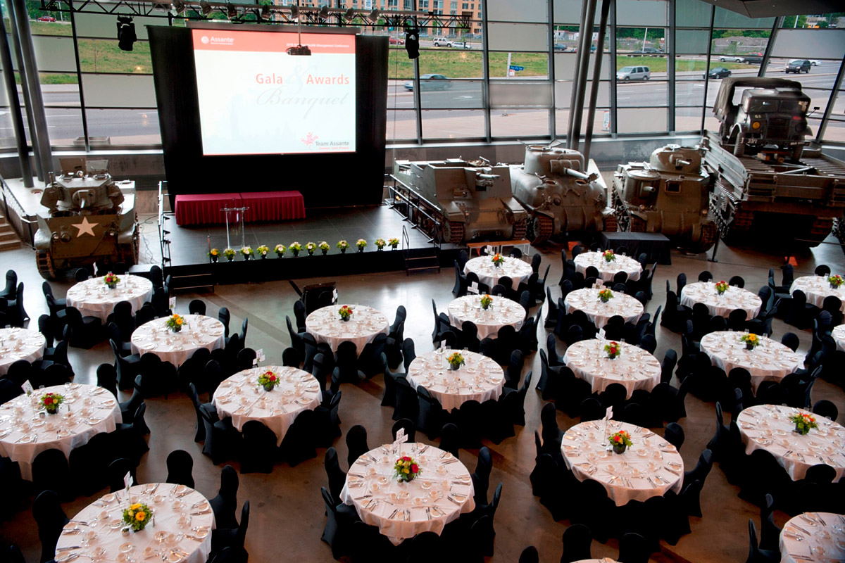 LeBreton Gallery with tables and chairs located in Ottawa at the Canadian War Museum.