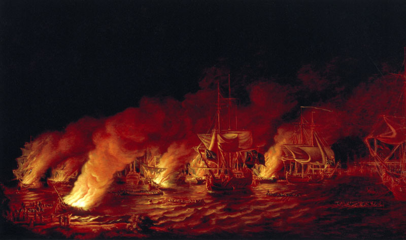 A painting of ships burning in the water.