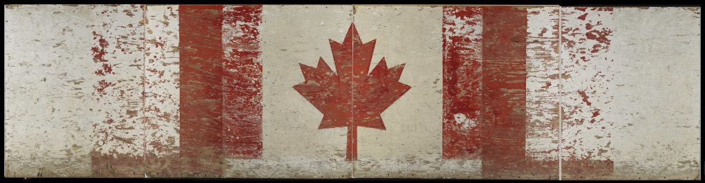 A Canadian flag painted on a wooden wall in Ottawa.