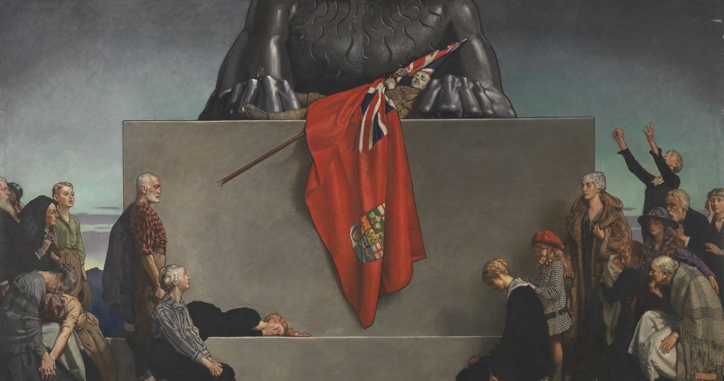 A painting of a statue of a man holding a flag.