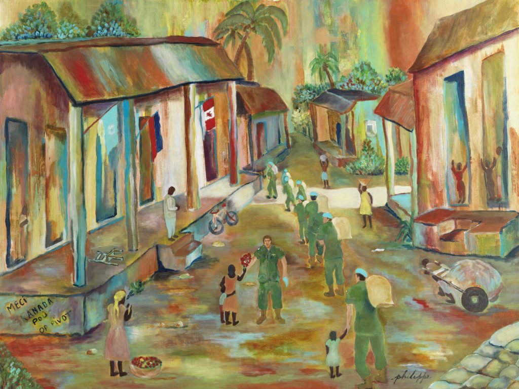 A painting of people walking down a street in Haiti.