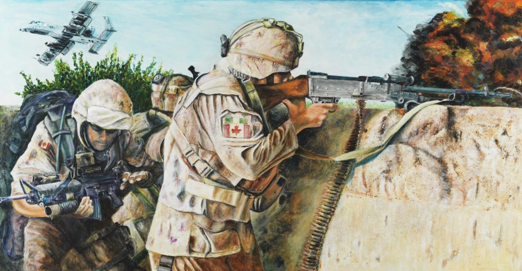 A painting of soldiers taking cover in a battlefield.