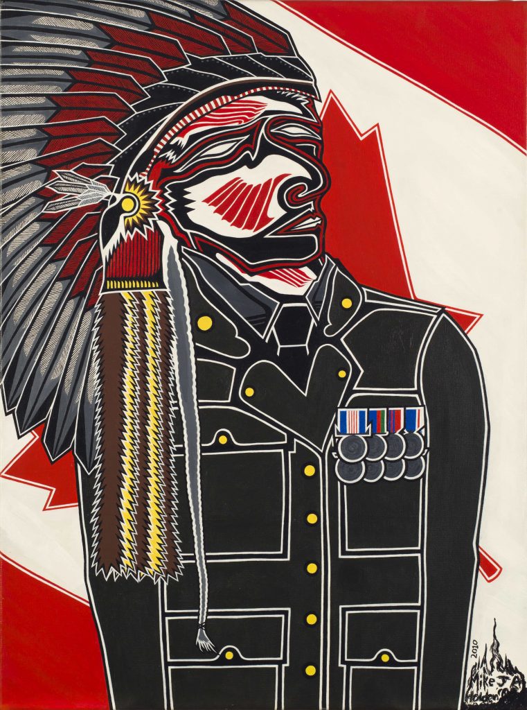 This painting depicts a Canadian Indian adorned in a vibrant headdress. Located at the Canadian War Museum in Ottawa, this artwork captures the cultural heritage of indigenous peoples.