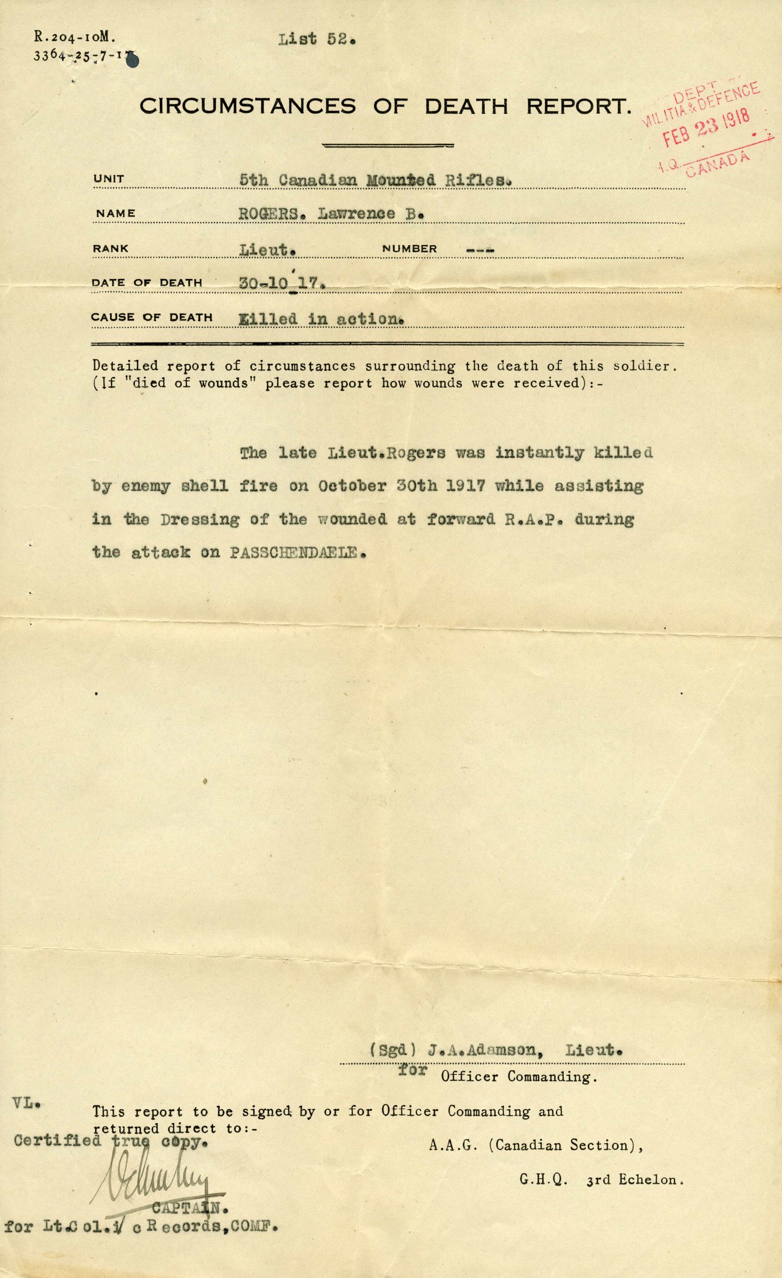 A death report document from the Canadian War Museum in Ottawa.