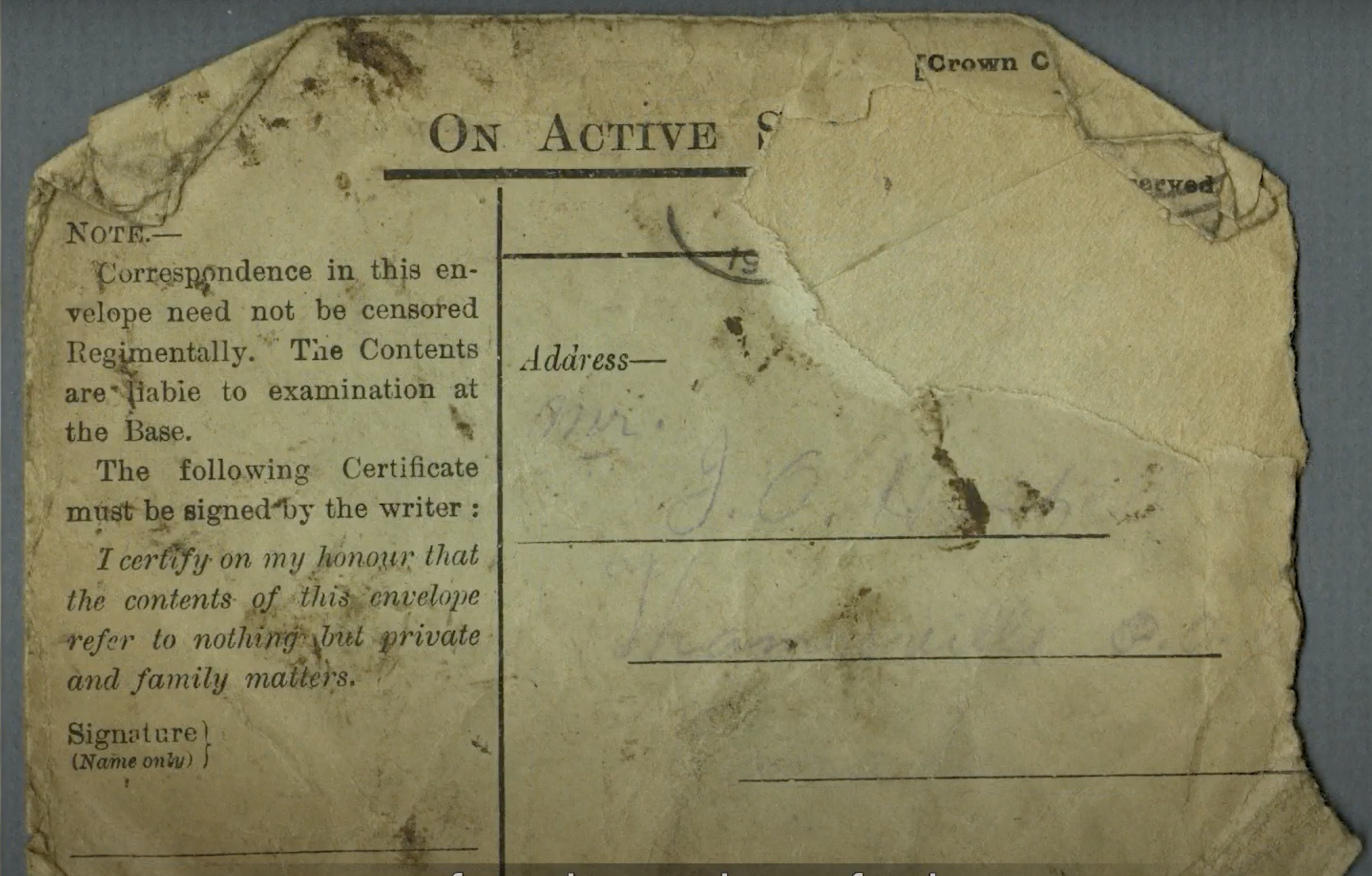 An old piece of paper with writing on it, discovered in Ottawa's Canadian War Museum.