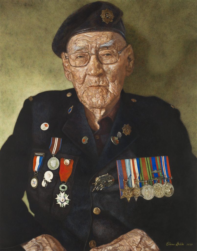 A painting of a Private Philip Favel in uniform with medals.