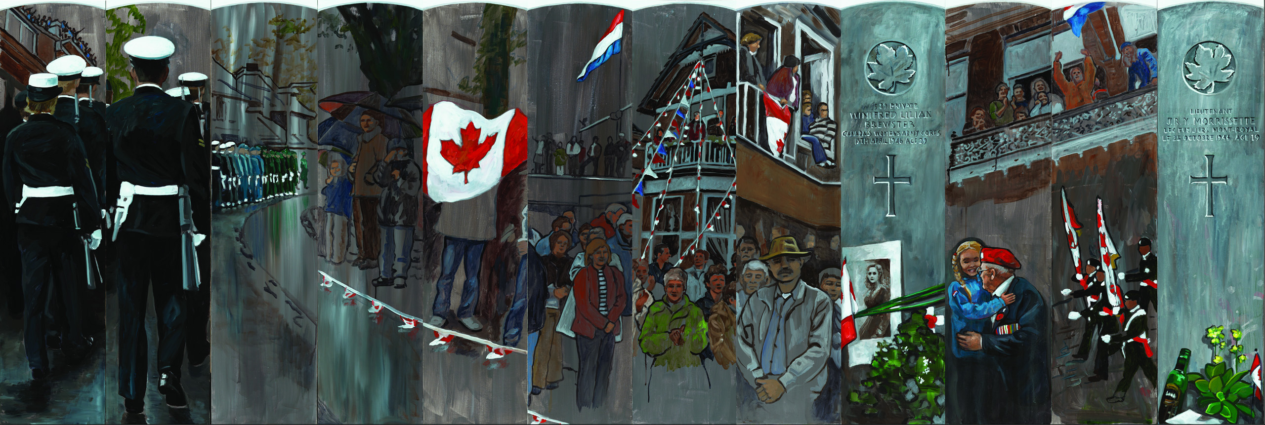 A painting of a military parade by Karole Marois.