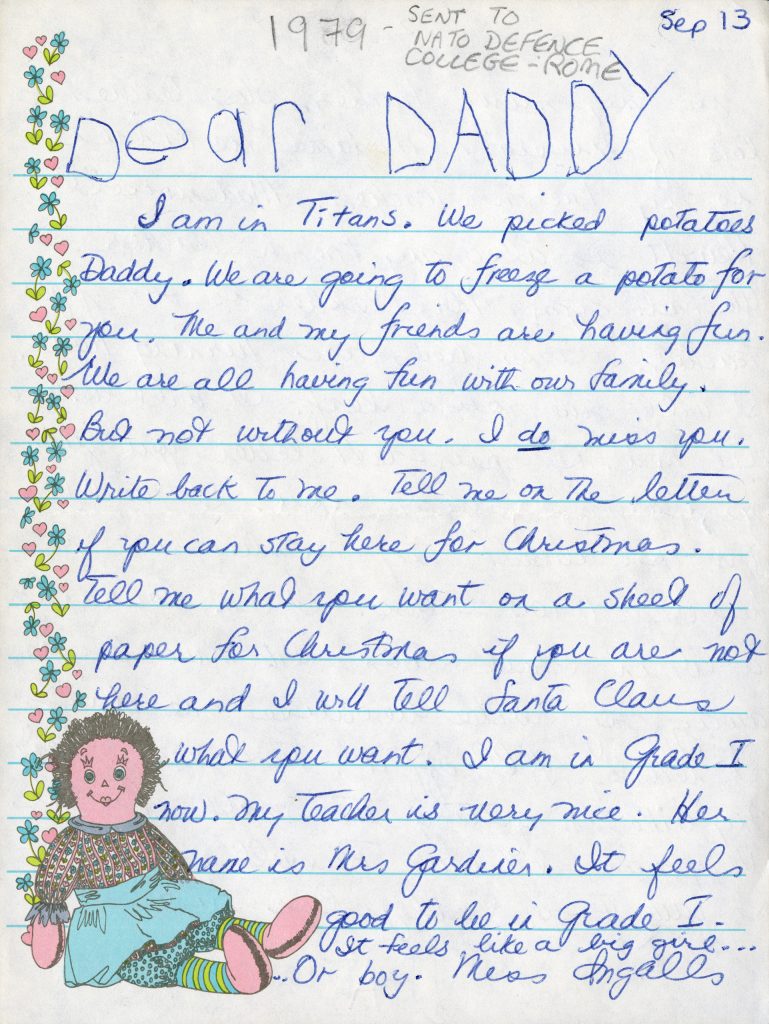 A letter written by a girl to her daddy, while in Ottawa visiting the Canadian War Museum.