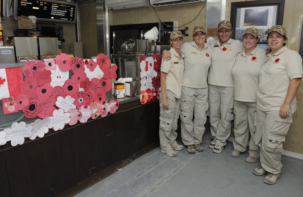 A group of women standing in front of a counter at the Canadian War Museum in Ottawa.