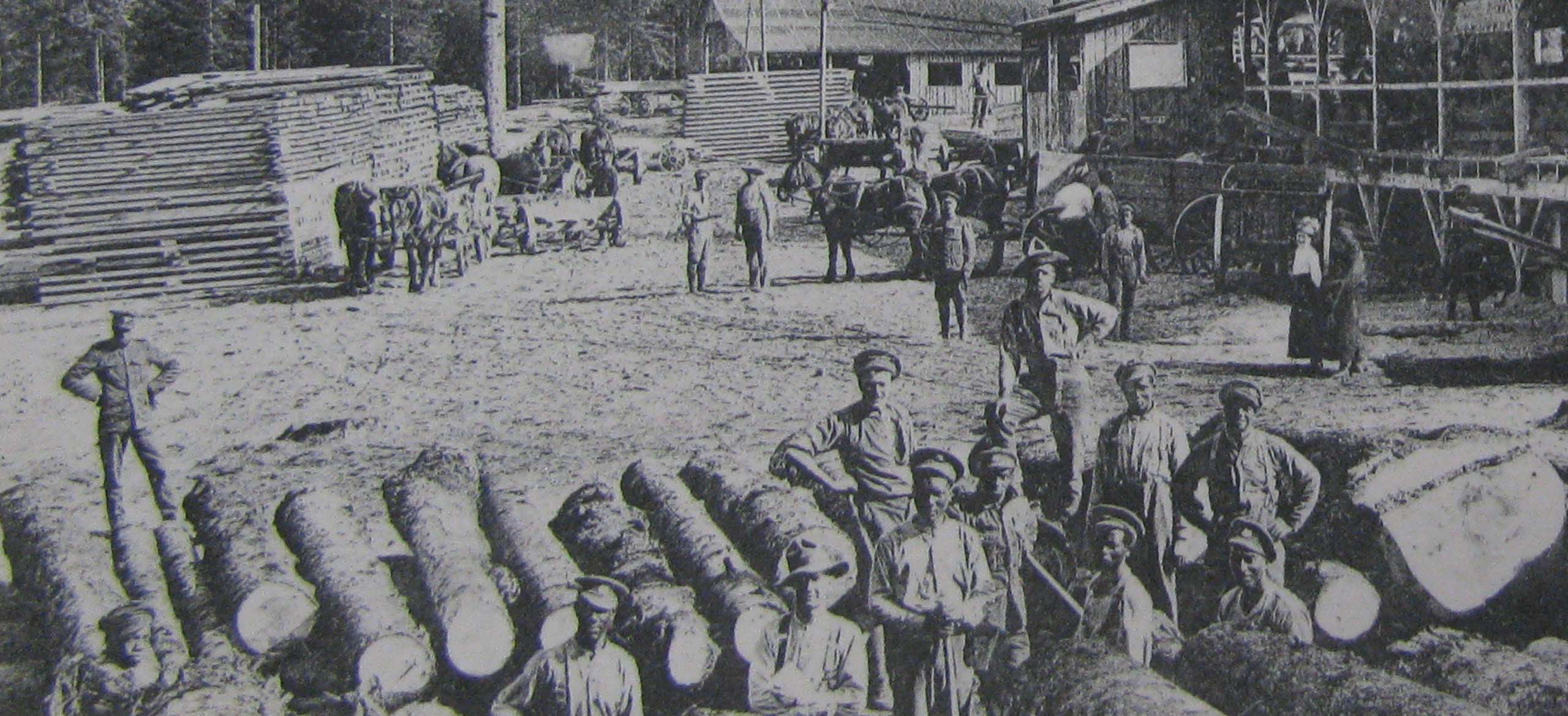 An old photo of a group of people in front of logs.