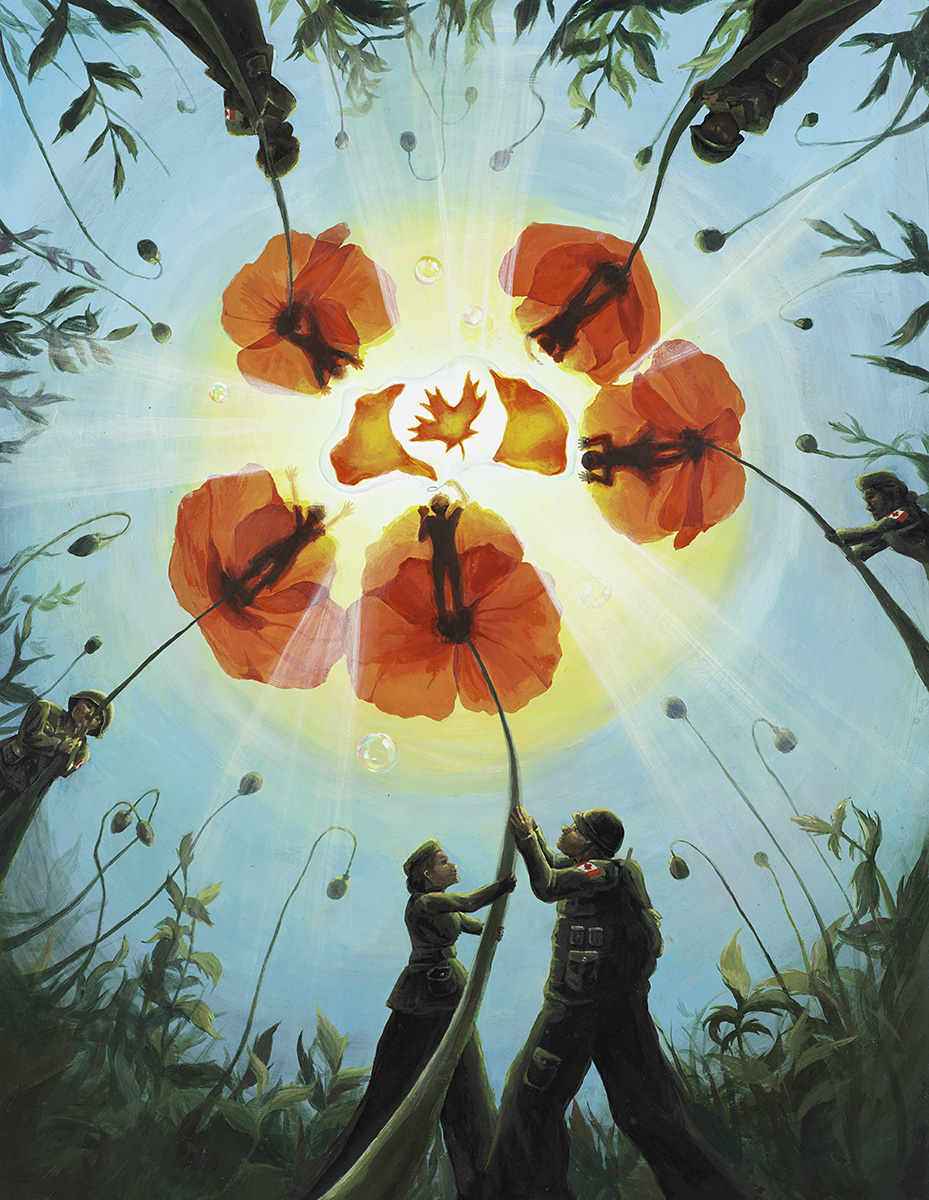 Coloured poster with soldiers and poppies